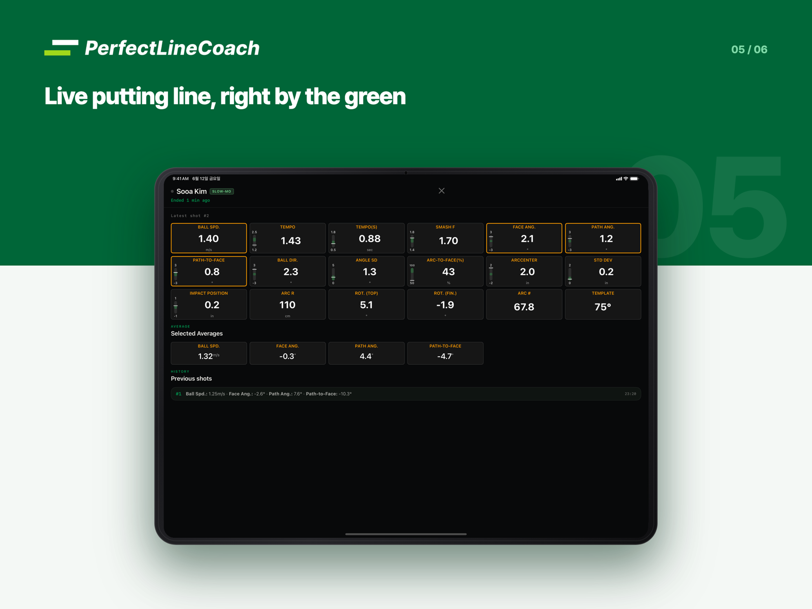 PerfectLine Coach on iPad — live view of a player's putting session