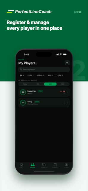 PerfectLine Coach — player roster with Strokes Gained ranking