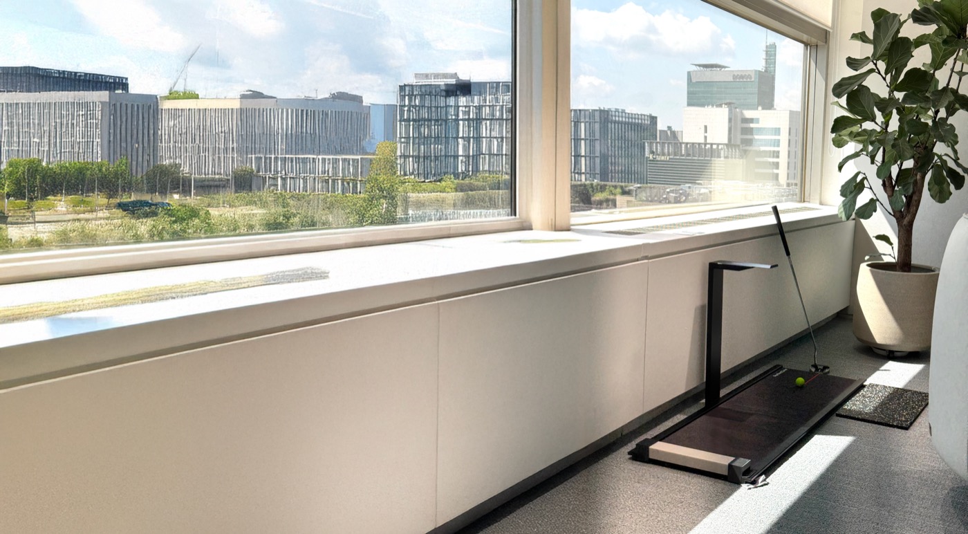 The Linematics studio in Seoul — a PerfectLine unit on a desk by the window